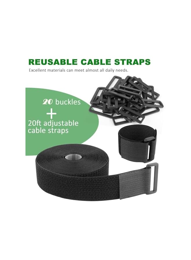 PROMASS promass Adjustable Cable Straps, Velcro Cable Ties, 2''*16.4ft Hook and Loop Straps with 20 Buckles, Free Cut Self Securing Strap, Reusable Nylon Securing Cord Ties for Cable Organiser Storage  - Image 3