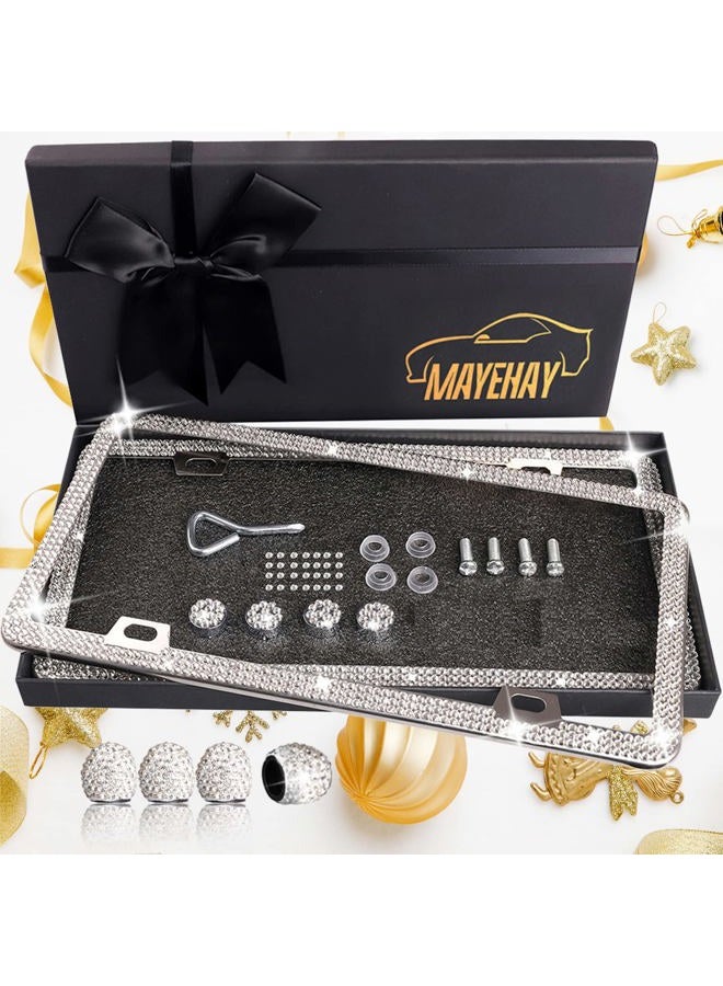 MAYEHAY Bling License Plate Frames for Women, 2 Pack Rhinestone Sparkly Car Stainless Steel License Plate Frame Bedazzled Diamond Glitter Crystal Car Tag Frame Cover Holder with Giftbox White - Image 1