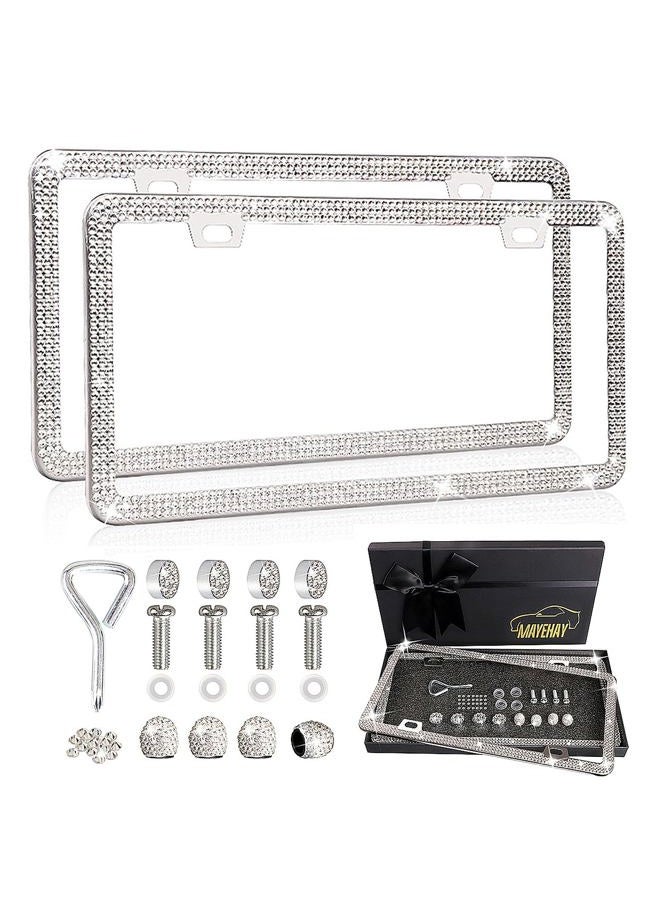 MAYEHAY Bling License Plate Frames for Women, 2 Pack Rhinestone Sparkly Car Stainless Steel License Plate Frame Bedazzled Diamond Glitter Crystal Car Tag Frame Cover Holder with Giftbox White - Image 2