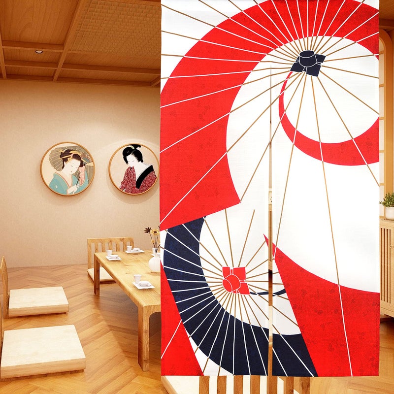LIGICKY Japanese Noren Curtain Japanese Style Doorway Curtain Panels Traditional Red and White Umbrella Printed Door Tapestry Room Divider Curtains for Kitchen Sushi 335 Width x 59 Long
