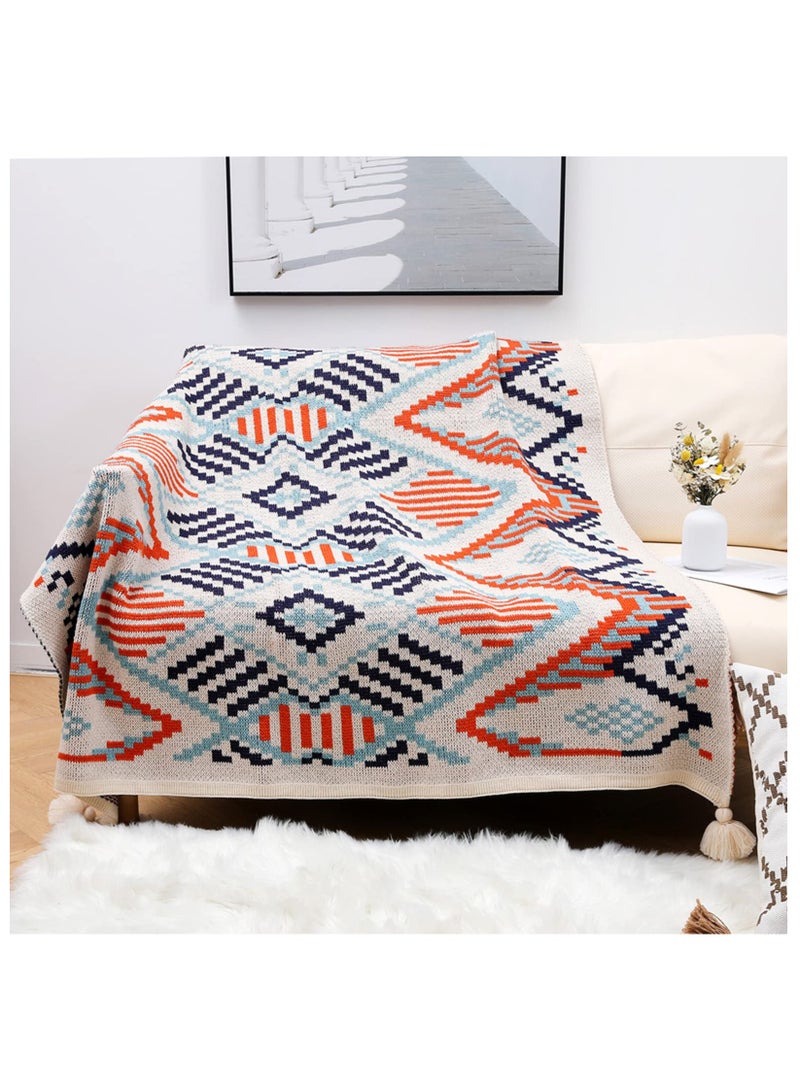 Bohemian Blanket Tassel Throw Blanket Boho Cozy Knitted Throw Blanket, Soft Lightweight Blanket for Sofa, Couch, Bed, Bohemian Decor for Living Room, Bedroom, Room 47Inx63In, Orange,navy Blue - Image 1
