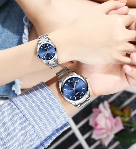 SENRUD Couple Watches Men and Women Gold Silver Stainless Steel Watch Fashion his and Hers Watches Set Blue - Image 3