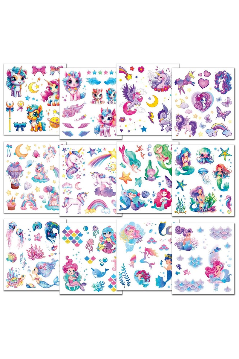 قوس قزح أورينبو 12 ورقة من وشم حورية البحر يونيكورن اللامعة، ملصقات لامعة لحفلات أعياد الميلاد للفتيات، هدايا وحشوات أكياس الهدايا - Image 2