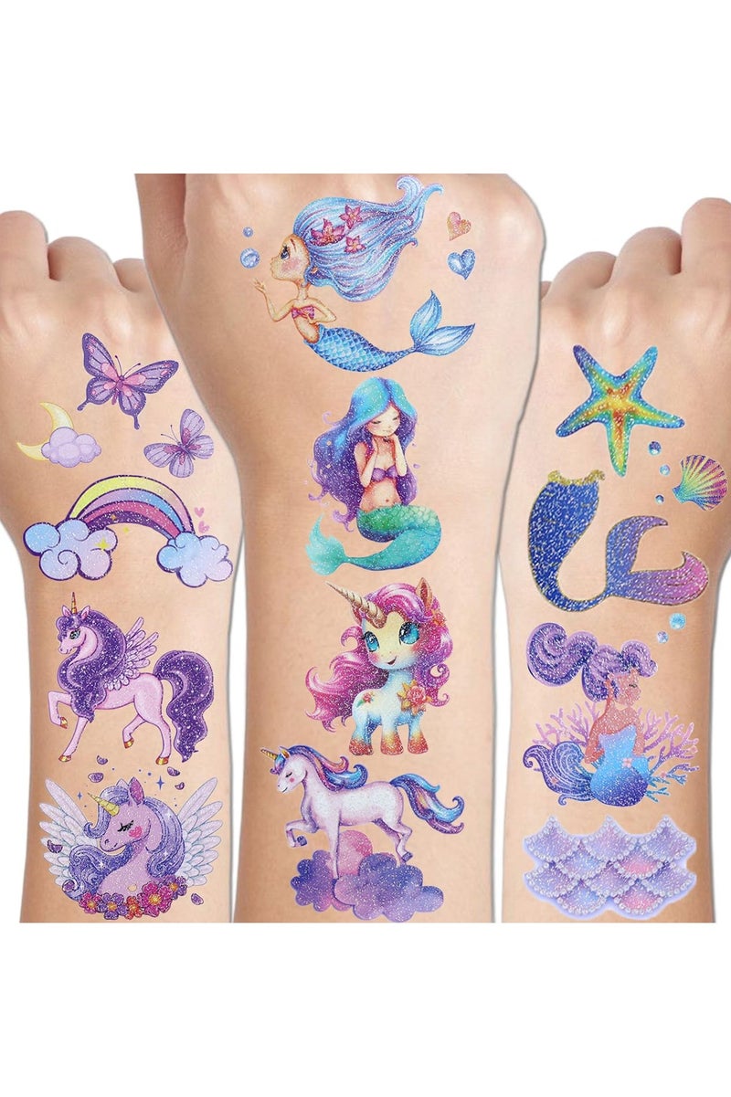 قوس قزح أورينبو 12 ورقة من وشم حورية البحر يونيكورن اللامعة، ملصقات لامعة لحفلات أعياد الميلاد للفتيات، هدايا وحشوات أكياس الهدايا - Image 1