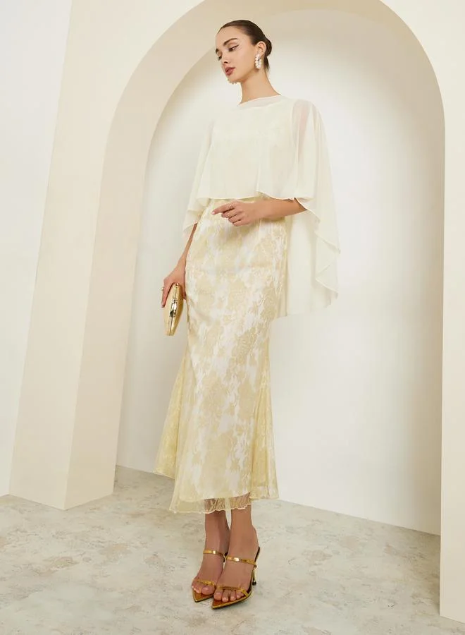 Beige Lace Cape Sleeve Maxi Dress