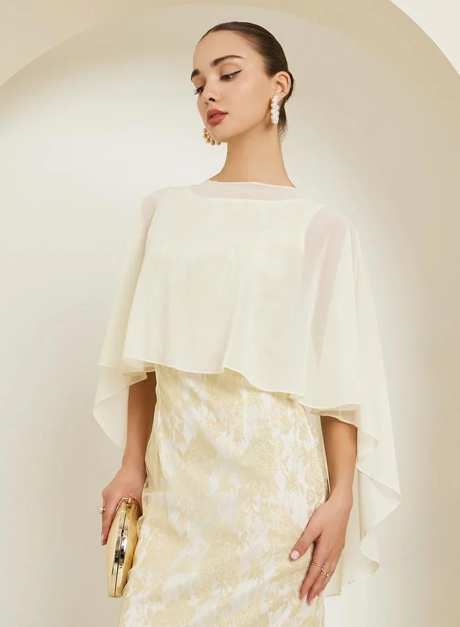 Styli Beige Lace Cape Sleeve Maxi Dress