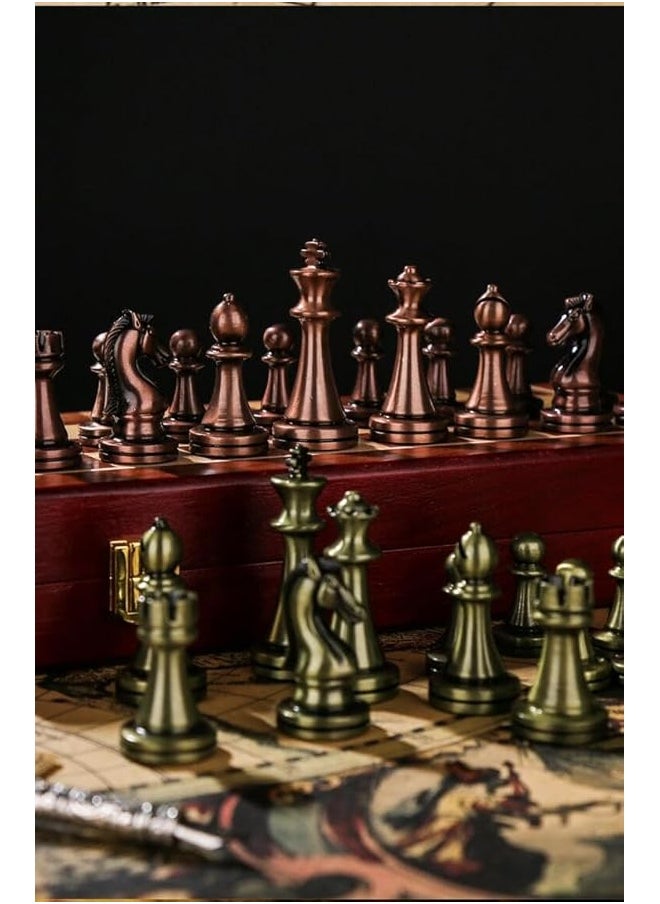 Agirlgle - Agirlgle Retro Metal Chess Set with Folding Wooden Chess Board and Classic Handmade Standard Pieces Metal Chess Set for Kids Adult - Image 1