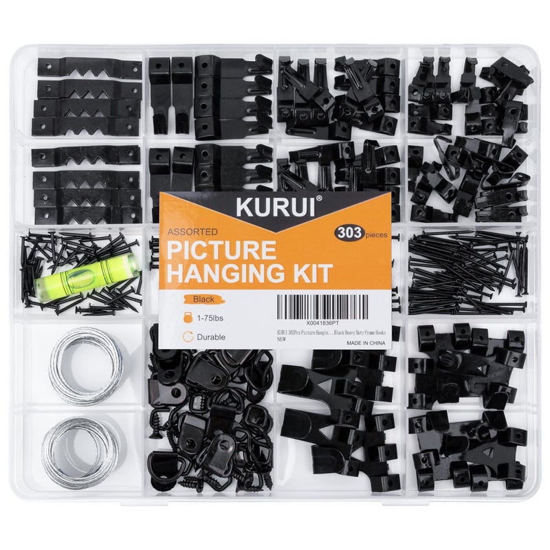 KURUI 303Pcs Picture Hangers for Wall Art Decor Tapestry, Picture Hanging Kit With Heavy Duty Wall Hooks, Sawtooth, Picture Wire, D Rings, Hardware Nails, Eye Hooks, Black Frame Hooks for Drywall Wood - Image 1