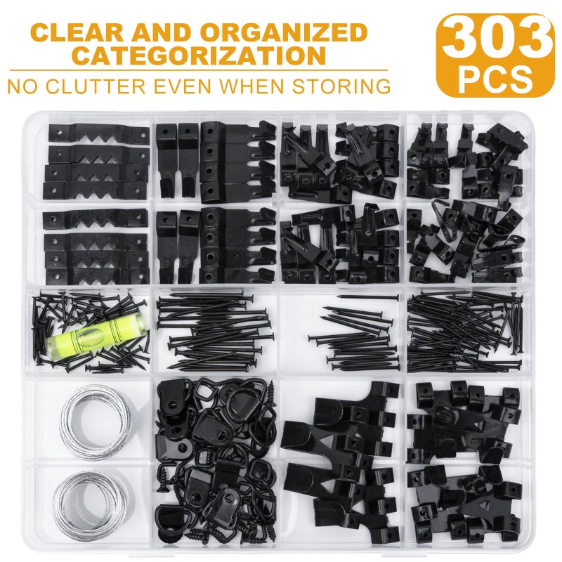 KURUI 303Pcs Picture Hangers for Wall Art Decor Tapestry, Picture Hanging Kit With Heavy Duty Wall Hooks, Sawtooth, Picture Wire, D Rings, Hardware Nails, Eye Hooks, Black Frame Hooks for Drywall Wood - Image 2