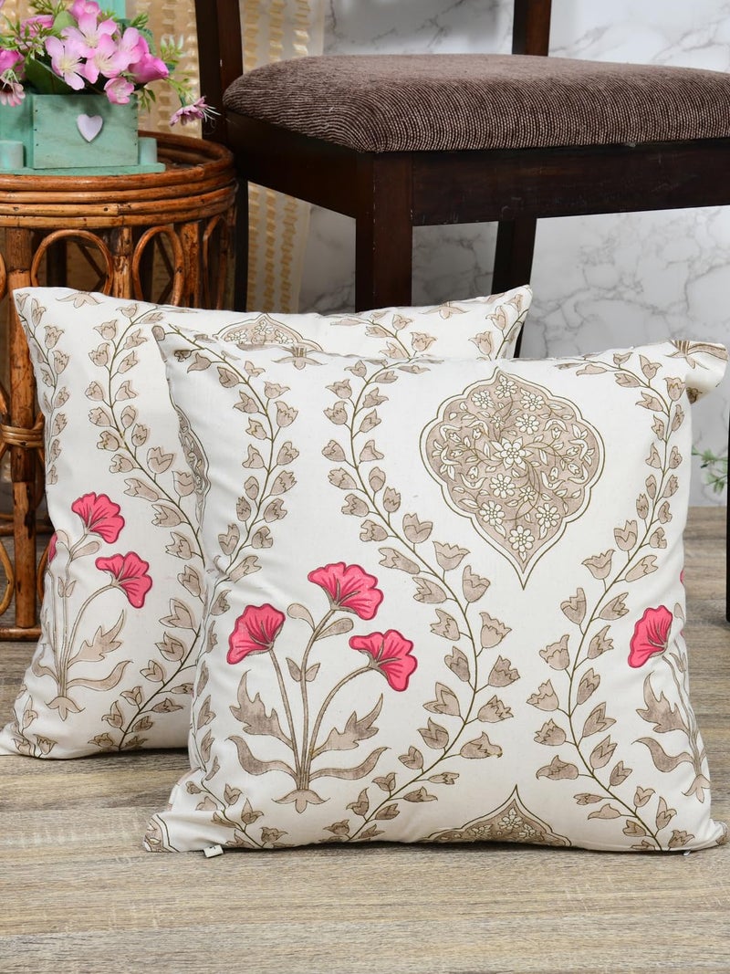 Clasiko Cotton Cushion Covers; Living Room Throw Cushion; Set of 2; 16x16 Inches; Pink Beige Floral - Image 1