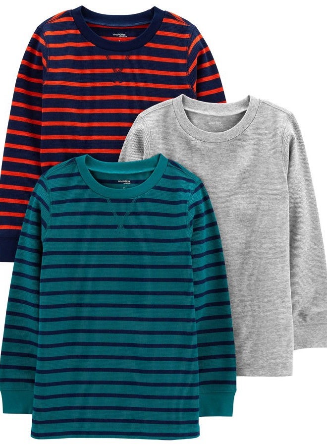 Simple Joys by Carter's Boys 3-Pack Thermal Long Sleeve Shirts, Grey Heather/Navy Stripe/Teal Green, 5 Years - Image 1