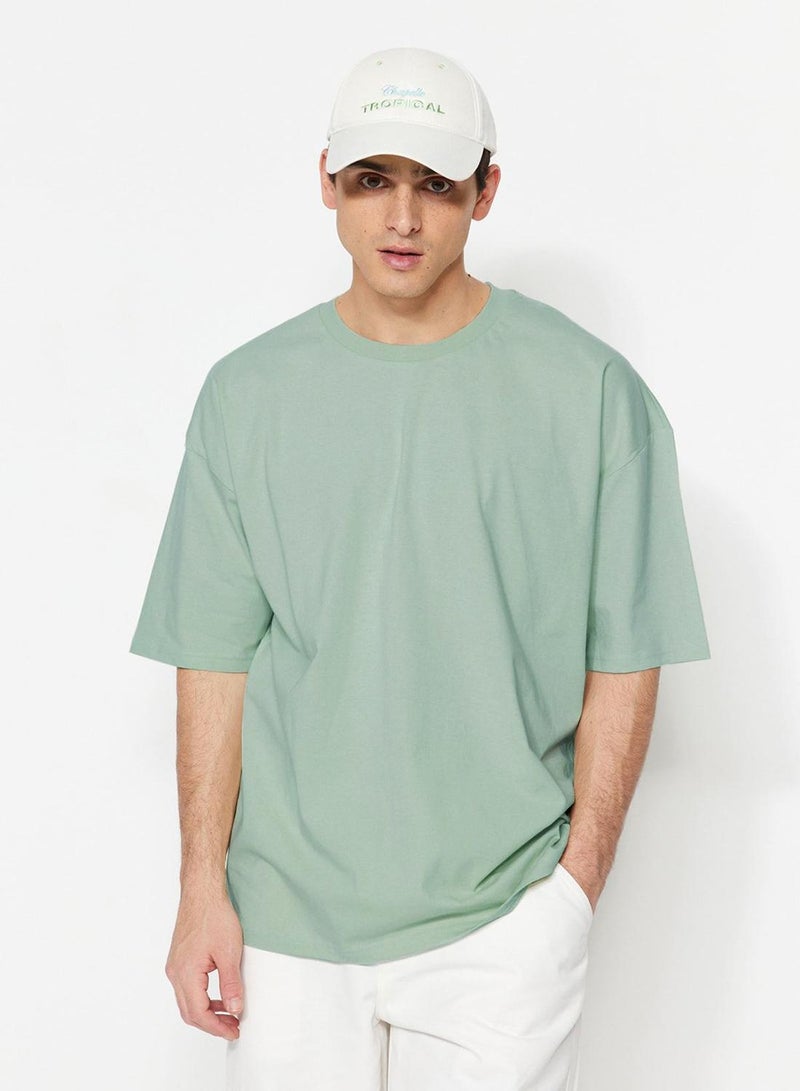 trendyol Dark Mint Oversize Basic T-Shirt 100% Cotton Short Sleeve - Image 2
