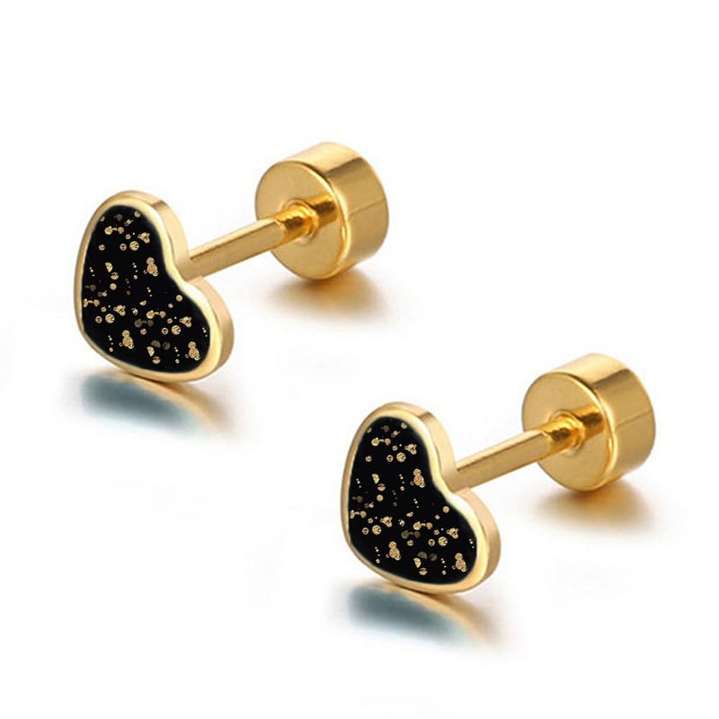 Dtja 18g Titanium Heart Love Earrings for Women Stainless Steel Hypoallergenic Cute Tiny Sequins Stud Cartilage Tragus Screw Back Post Sensitive Ear (Black Gold-Tone) - Image 1