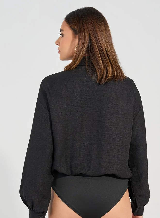 Styli Solid Button Placket Collared Bodysuit