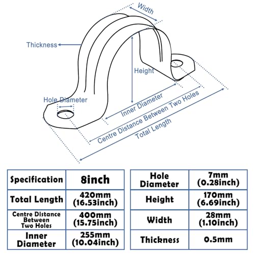 NGe 8inch Rigid Pipe Strap Clamp-Two Hole Strap-U Bracket Tube Clip-Stainless Steel Heavy Duty Pipe Fasten Holder-Secures Conduit,2Pcs（255mm) - Image 3