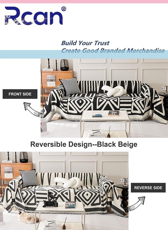 ركان غطاء أريكة هندسي من الجاكار، غطاء أريكة ناعم قابل للعكس وقابل للغسل، غطاء أريكة مزخرف لـ 3 وسائد، غطاء أريكة واقي للأثاث مع شرابات، أغطية أريكة 180*300 سم - Image 2