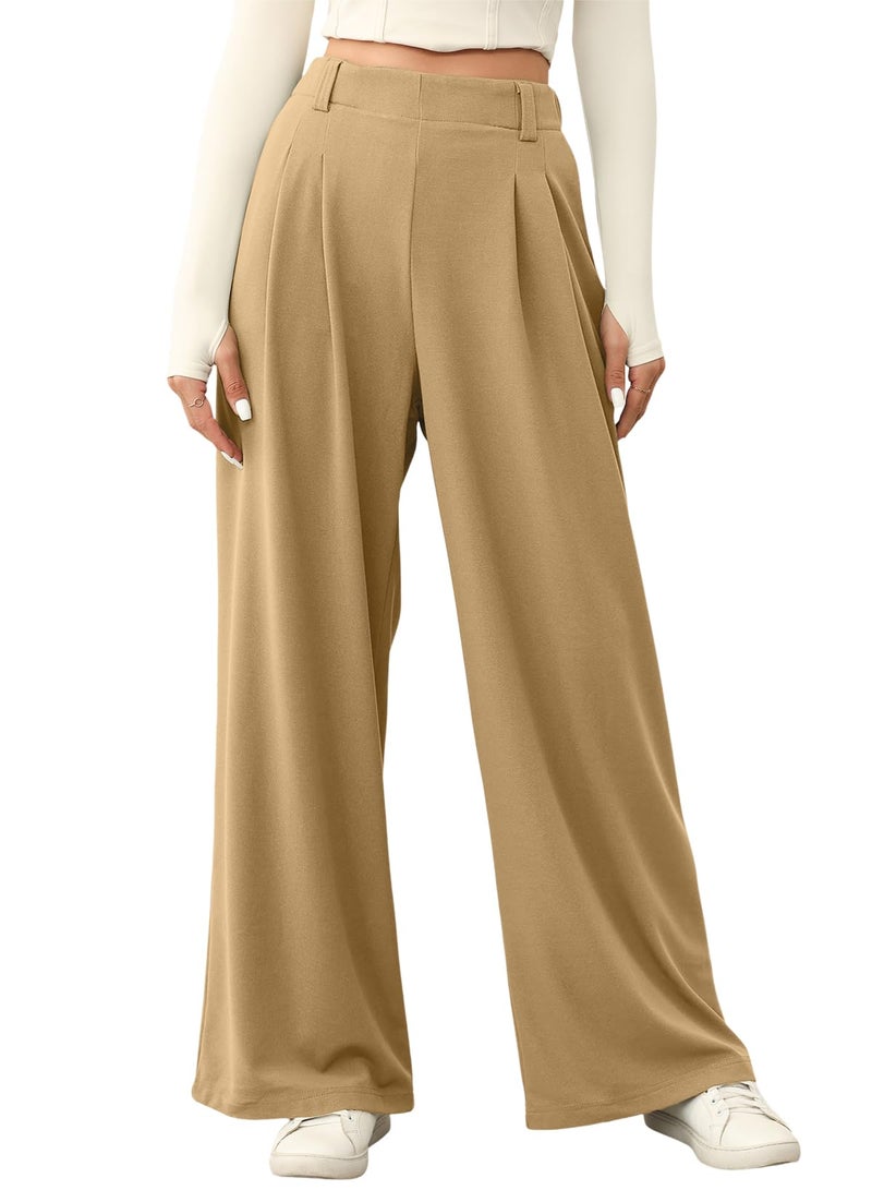 EVALESS Women's Wide Leg Pants with Pockets High Waisted Office Business Casual Dressy Plain Comfy Waffle Knit Lounge Pants for Ladies Tan Large - Image 1