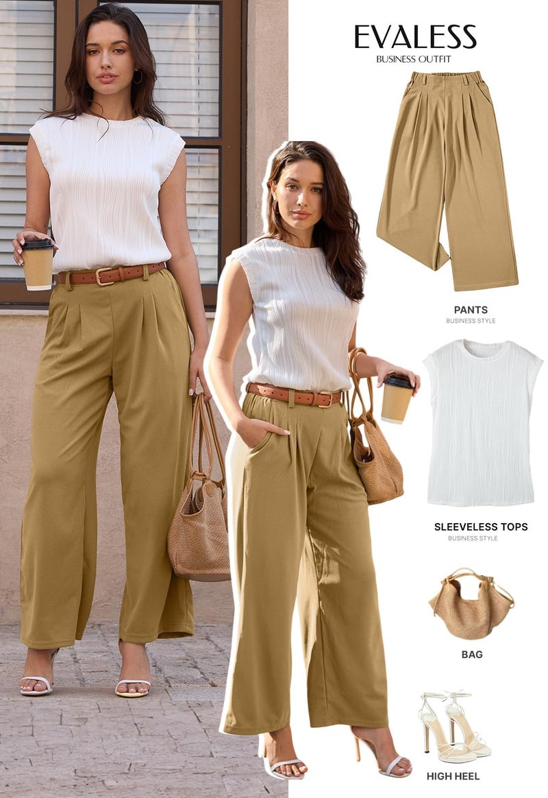 EVALESS Women's Wide Leg Pants with Pockets High Waisted Office Business Casual Dressy Plain Comfy Waffle Knit Lounge Pants for Ladies Tan Large - Image 5