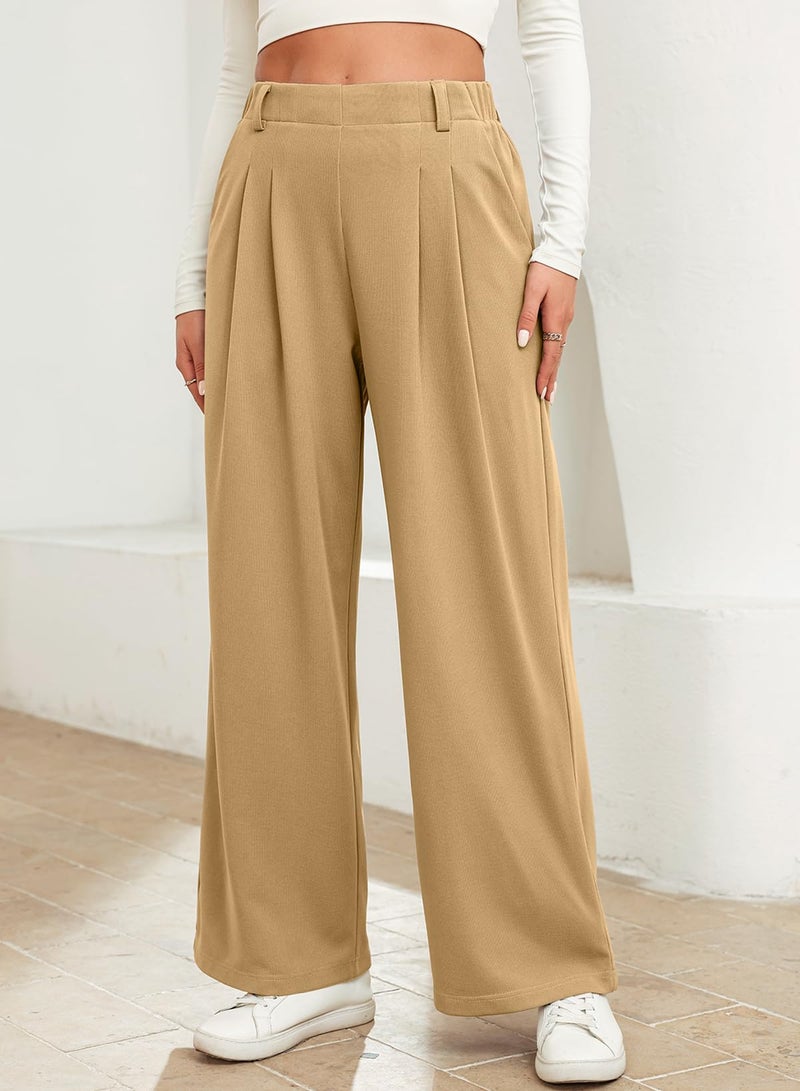 EVALESS Women's Wide Leg Pants with Pockets High Waisted Office Business Casual Dressy Plain Comfy Waffle Knit Lounge Pants for Ladies Tan Large - Image 4