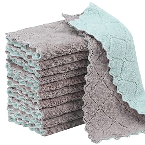 Rachan 11Pack Kitchen Dish Cloths, Reusable Dish Towels, Nonstick Oil Washable Fast Drying, Super Absorbent Coral Velvet Cleaning Cloths for Mom from Daughter Son(Green-grey10 x 6") - Image 1
