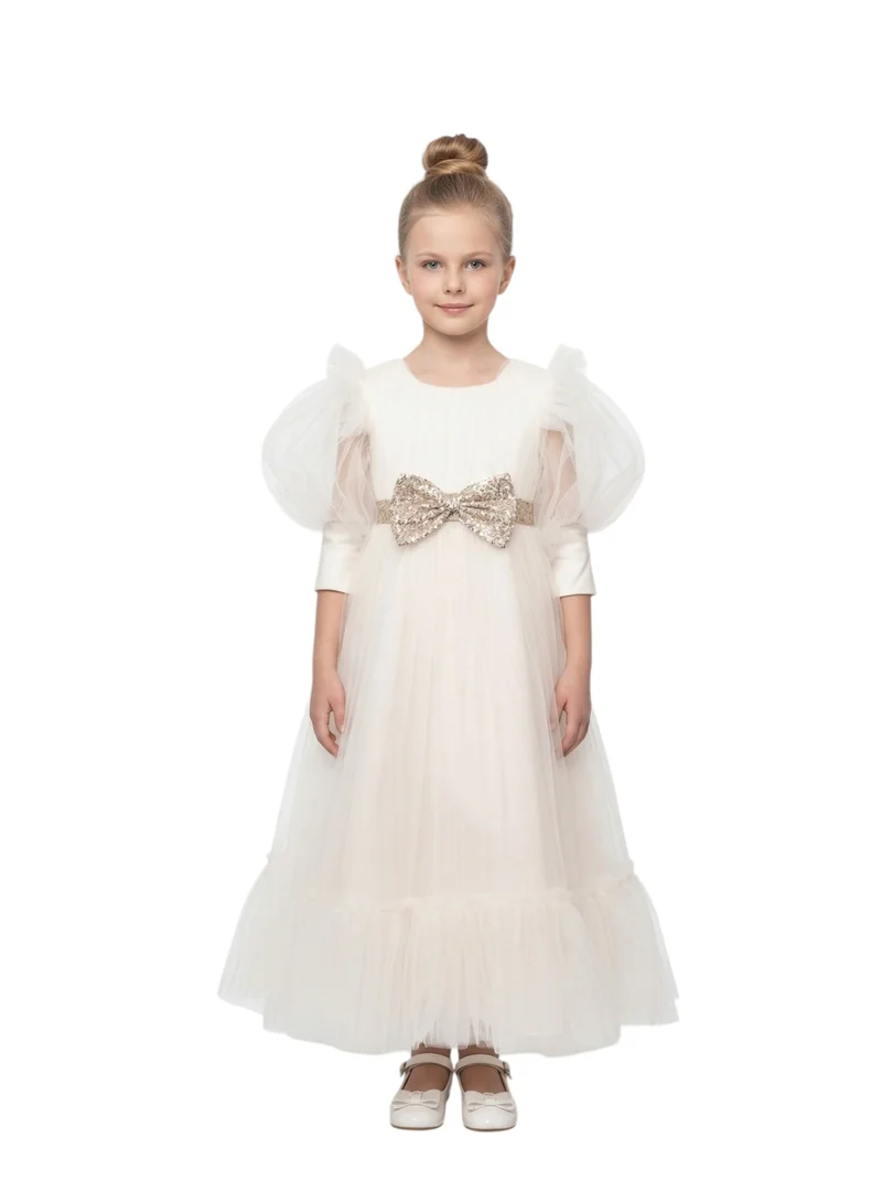 بيداني Cream Puff Sleeve Formal Dress with Glitter Bow