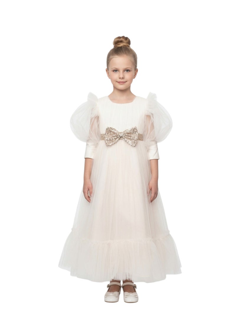 Bidani Cream Puff Sleeve Formal Dress with Glitter Bow - Image 1