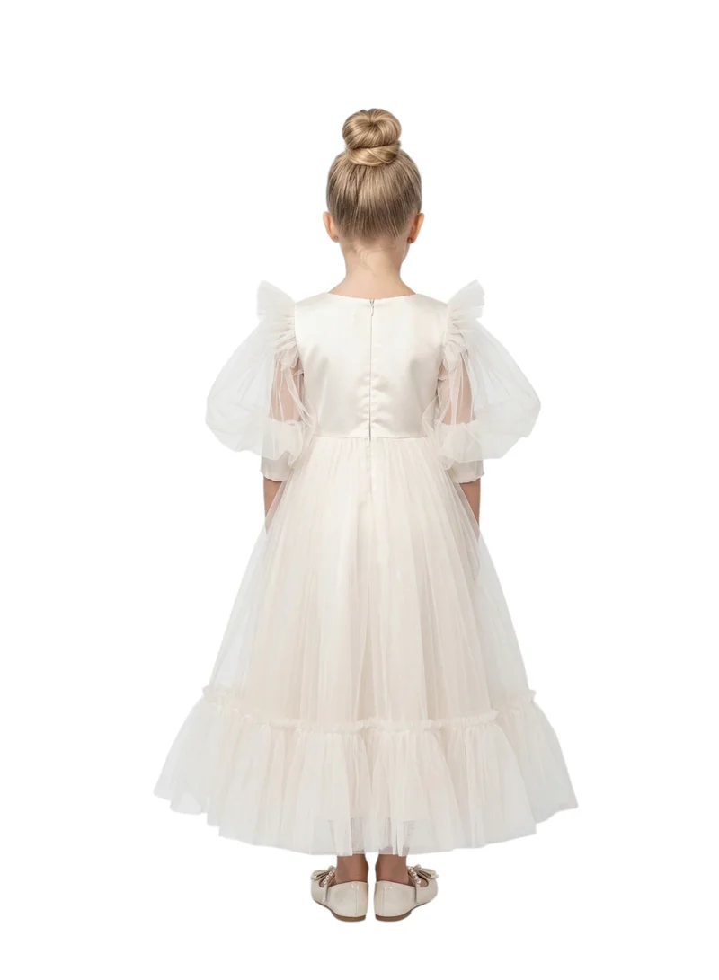 Bidani  Cream Puff Sleeve Formal Dress with Glitter Bow for Women | Best Price UAE