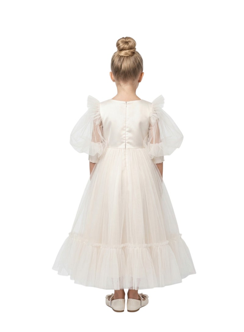 Bidani Cream Puff Sleeve Formal Dress with Glitter Bow - Image 3