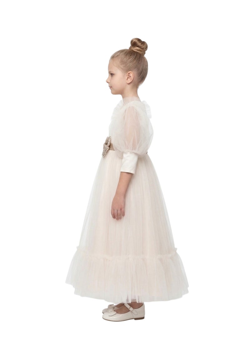 Bidani Cream Puff Sleeve Formal Dress with Glitter Bow - Image 2
