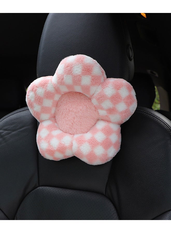 Car Waist Back Rest Throw Pillow Fashion Cute Flower Pink Plaid Print Headrest Neck Protection Soft Comfortable Pillow（2 PCS） - Image 4