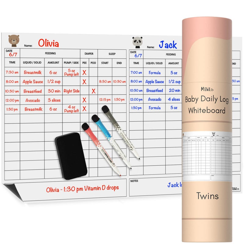 Mewl Twins Daily Log Whiteboard - Reusable Twin Baby Tracker to Log Feeding, Diapers & Sleep - Newborn Baby Journal & Schedule Chart for New Parents, Nanny, Babysitter - Pregnancy & New Mom Gift - Image 1