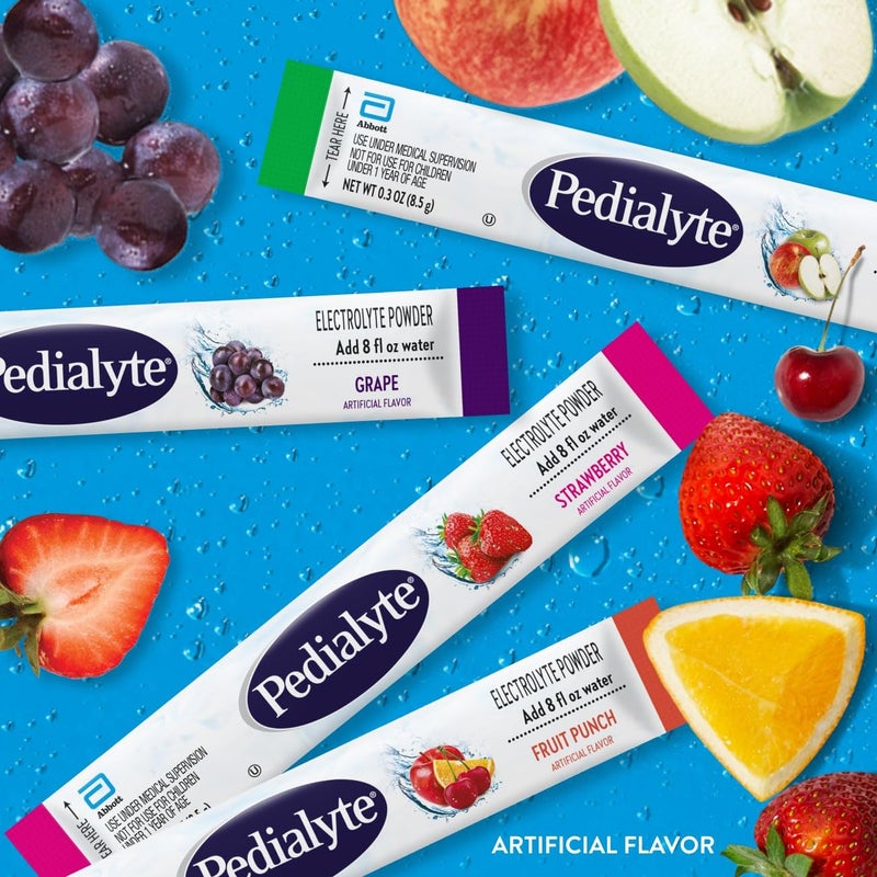 Pedialyte Electrolyte Powder, Hydration Drink for Kids & Adults, Variety Pack: Strawberry, Fruit Punch, Grape, and Apple, 24 Powder Packets - Image 2