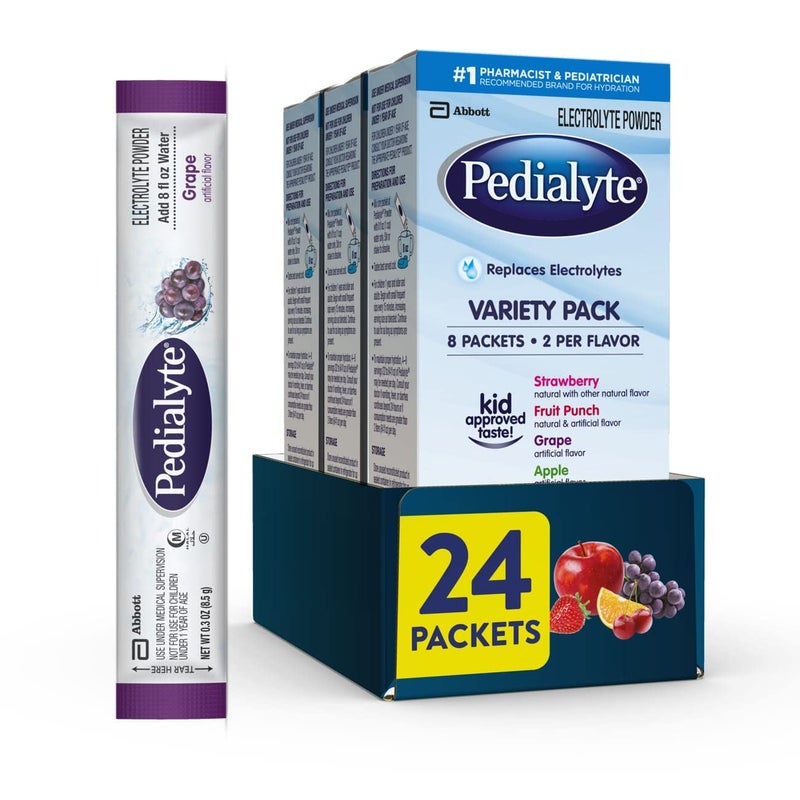 Pedialyte Electrolyte Powder, Hydration Drink for Kids & Adults, Variety Pack: Strawberry, Fruit Punch, Grape, and Apple, 24 Powder Packets - Image 1