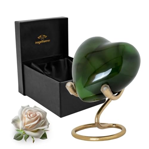 ANGELFOREVER Heart Urn with Stand & Box Keepsake Urn for Human Ashes Mini Cremation Urn for Men & Women (Dark Green) - Image 1