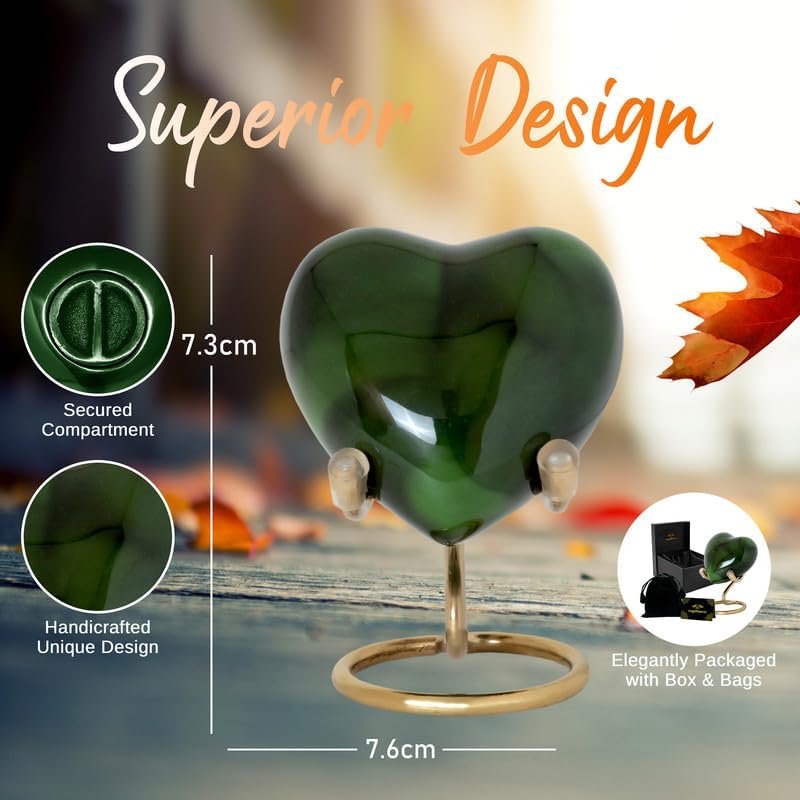 ANGELFOREVER Heart Urn with Stand & Box Keepsake Urn for Human Ashes Mini Cremation Urn for Men & Women (Dark Green) - Image 3
