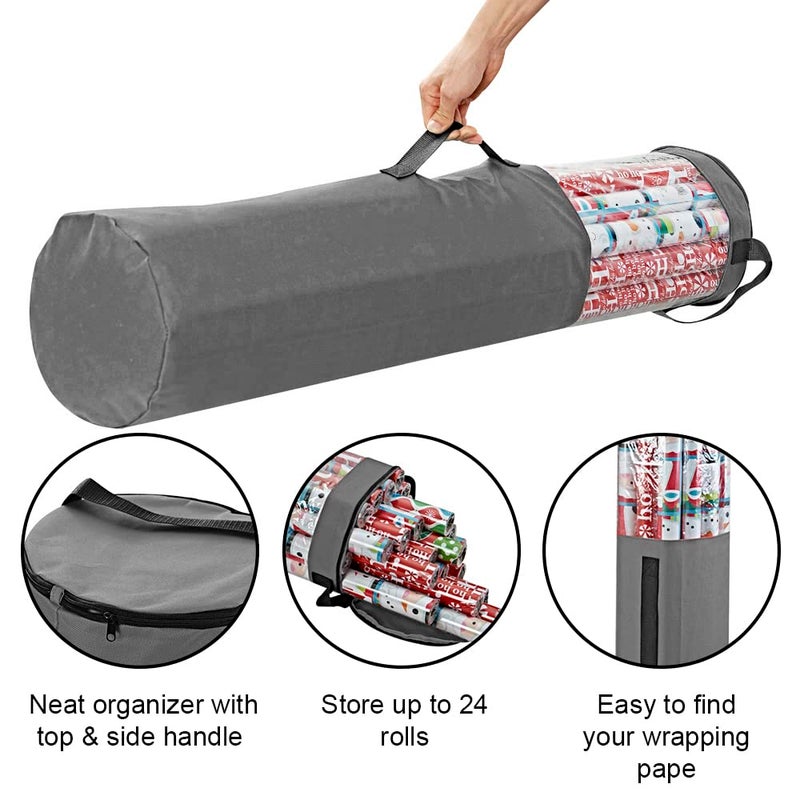 ProPik Gift Wrapping Paper Storage Organizer Bag, Store Up To 25 Rolls 40 Inch, Heavy Duty Polyester plus PVC Clear Bag With Handles And Zippered Top For Holiday Gift Wrap And Ribbons (Grey) - Image 2