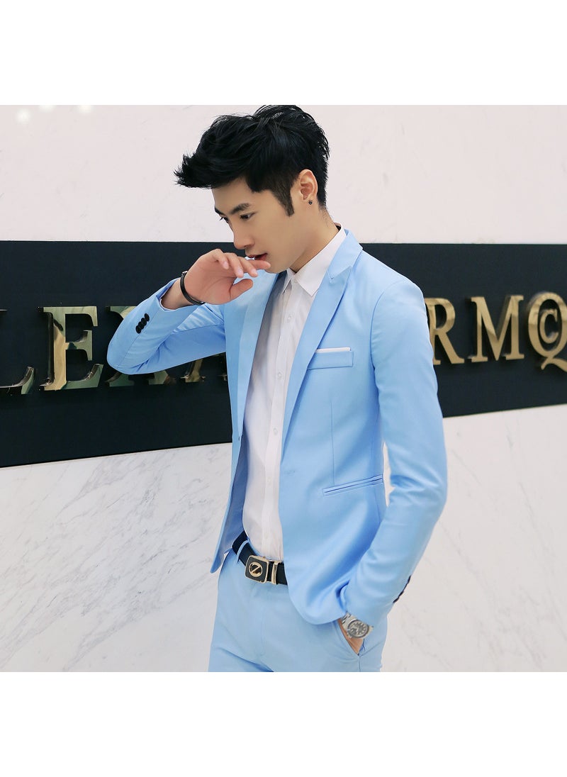Generic Slim Fit Casual Mens Pure Color Small Suit Korean Style Fashionable Youth Spring Autumn Cotton Blend Long Sleeve Jacket sky blue  - Image 1