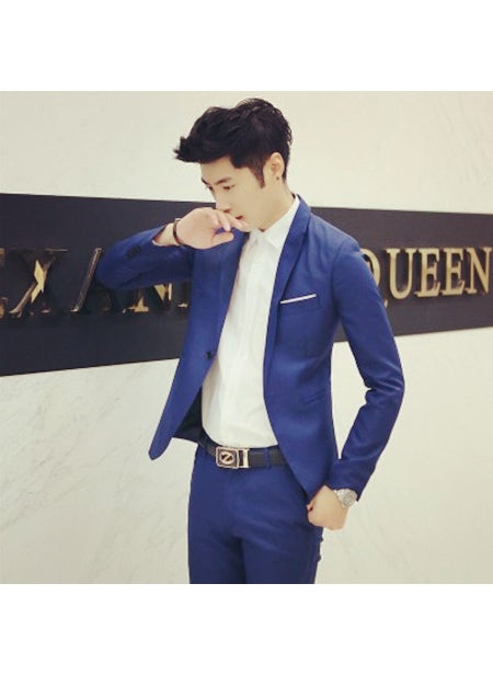 Generic Slim Fit Casual Mens Pure Color Small Suit Korean Style Fashionable Youth Spring Autumn Cotton Blend Long Sleeve Jacket sky blue  - Image 2