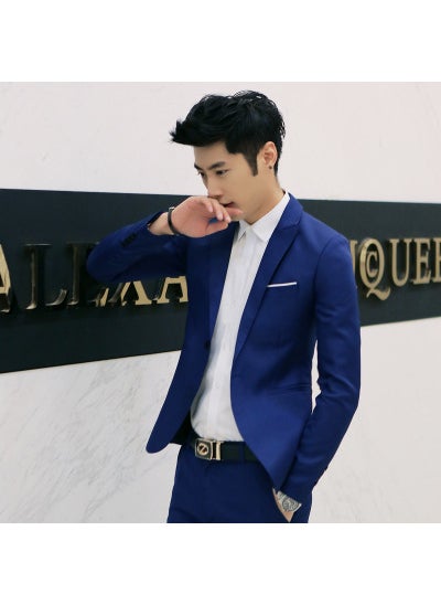 Generic Slim Fit Casual Mens Pure Color Small Suit Korean Style Fashionable Youth Spring Autumn Cotton Blend Long Sleeve Jacket sky blue  - Image 3