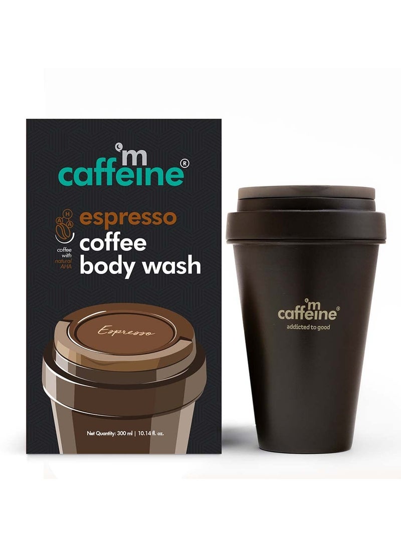 إم كافيين غسول الجسم المقشر بالقهوة الإسبريسو بالقهوة مع حمض الهيدروكسي الطبيعي | غسول الجسم لإزالة السمرة لبشرة ناعمة وملساء | جل استحمام منشط بالقهوة | 300 مل في فنجان قهوة - Image 1