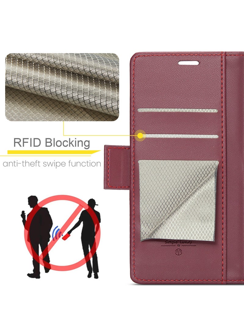 CaseMe Phone Case Luxury PU Leather Design Anti Fingerprint 023 Flip Cover Card Slot Holder Cover For Oppo A57/ A77/ A57s/ A57E/Oneplus Nord N300/Nord N20 SE (Red) - Image 3