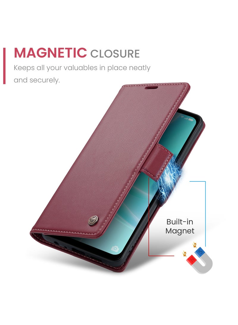 CaseMe Phone Case Luxury PU Leather Design Anti Fingerprint 023 Flip Cover Card Slot Holder Cover For Oppo A57/ A77/ A57s/ A57E/Oneplus Nord N300/Nord N20 SE (Red) - Image 4