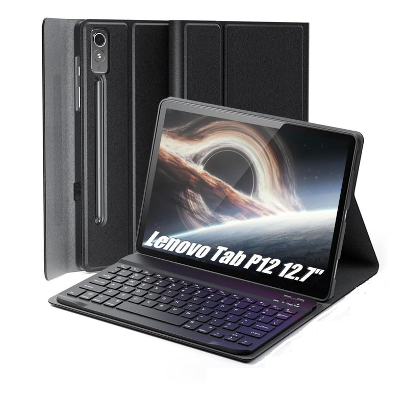 RTSY Keyboard Case for Lenovo Tab P12 (12.7 Inch) with Pen Holder Slot, Mutiple Viewing Angle, Magnetically Detachable Wireless Bluetooth Keyboard with Smart Cover for TB-370FU (Black) - Image 1