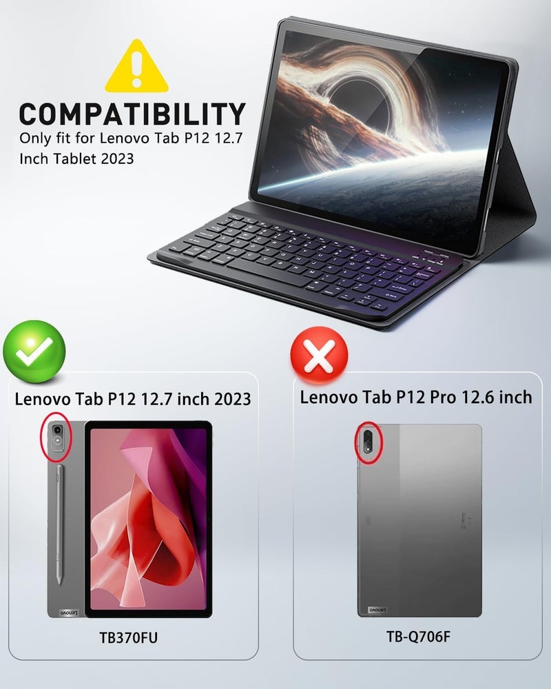 RTSY Keyboard Case for Lenovo Tab P12 (12.7 Inch) with Pen Holder Slot, Mutiple Viewing Angle, Magnetically Detachable Wireless Bluetooth Keyboard with Smart Cover for TB-370FU (Black) - Image 2