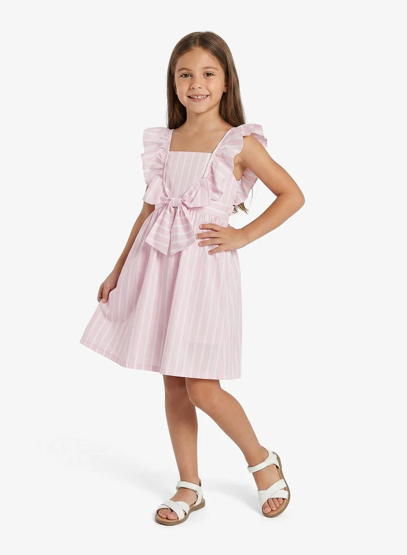 Pinata Bow Frill Shoulder Stripe Pink Dress