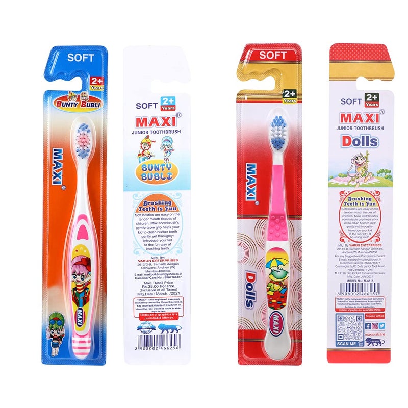 MAXI Oral Care Combo Of 8(4 Kids) Dolls Junior Manual Toothbrush & (4 Kids) Bunty Bubli Junior Toothbrush, 8 pieces,Multicolour - Image 4