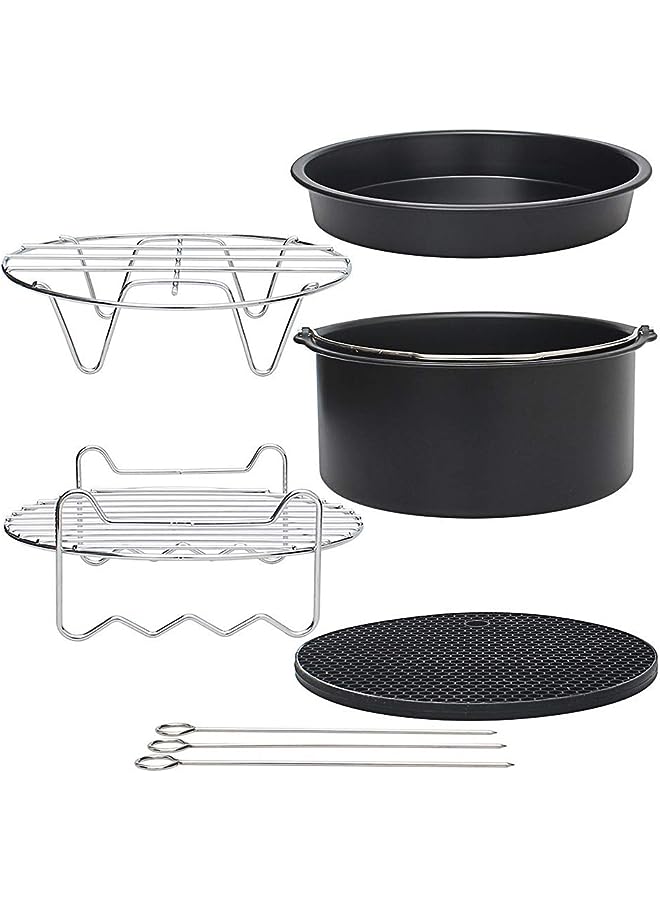 Raxoom Fryer Accessories for Cosori Ninja and Philips, Set of 5/9, Fit all 3.7QT - 5.3QT - 5.8QT,Non-stick Barrel/Pan + Metal Holder + Multi-Purpose Rack with Skewers and Silicone Mat (SET OF 5) - Image 1