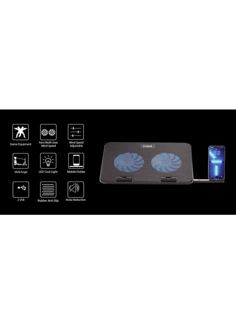 St Standard ICE-02 RGB Gaming Laptop Cooling Pad Stand with Mobile Holder – 2*blue Led Fans – UP to 15.6 Inch  - Image 2