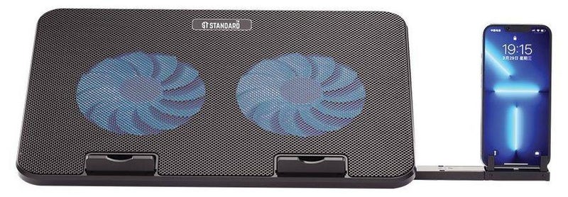 اس تي حامل تبريد الكمبيوتر المحمول للألعاب ICE-02 RGB القياسي مع حامل للهاتف المحمول – مروحتان LED زرقاء – حتى 15.6 بوصة - Image 1