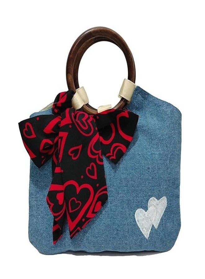 athizay combo of Love handbags Denim for women Top handle Bags with Handcrafted Red Love Heart Printed Bow Detail Wooden handles + stretch denim pouch - Image 2